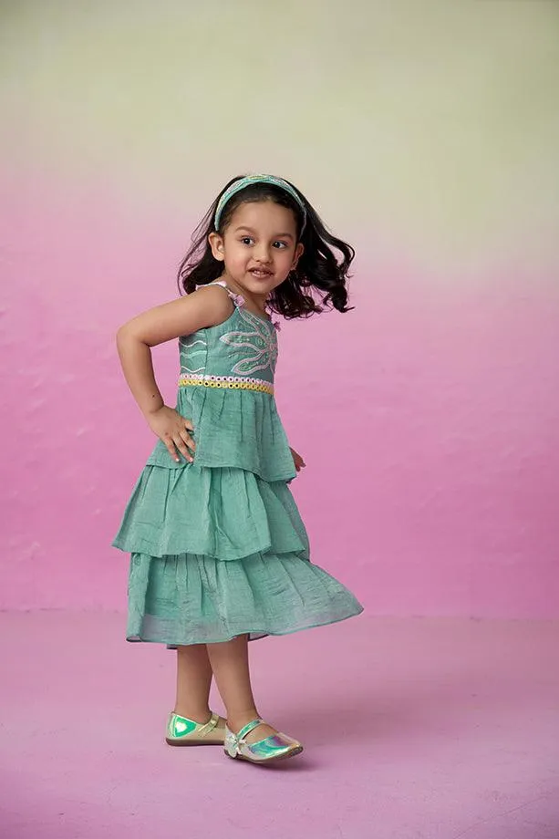 Minty Whirlwind-  Mint Hand Embroidered Layered Dress for Girls