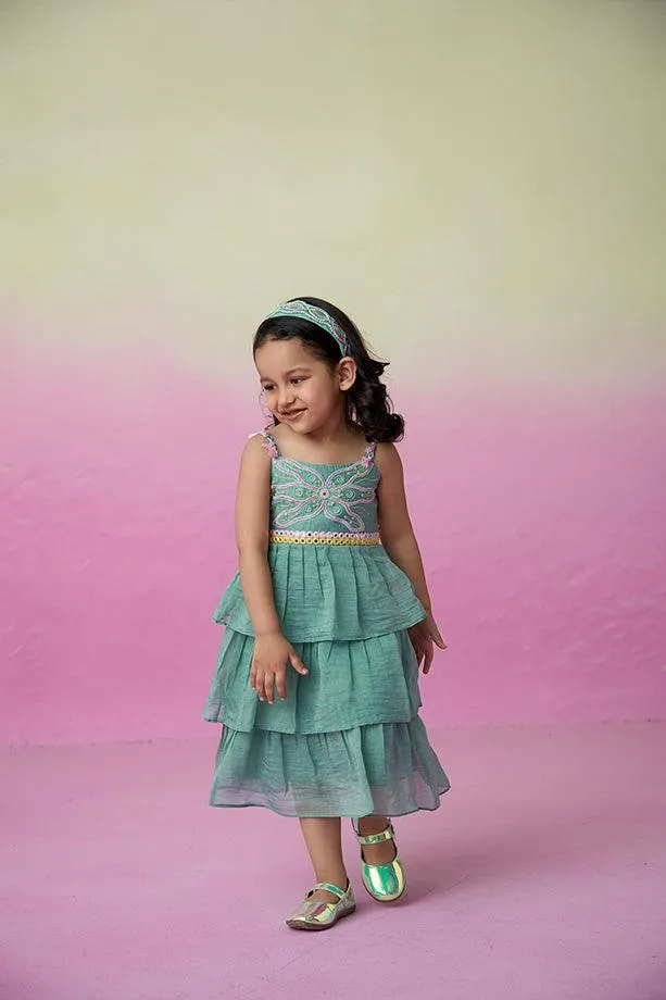 Minty Whirlwind-  Mint Hand Embroidered Layered Dress for Girls