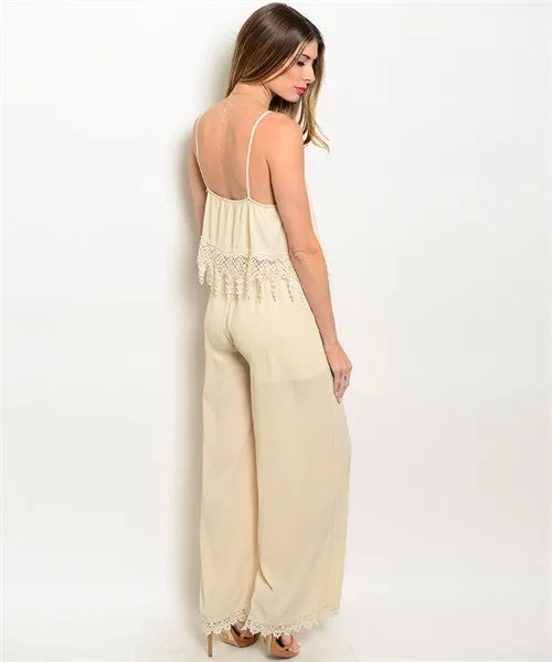 Misses Beige Jumpsuit Romper with Lace and Fringe Accents