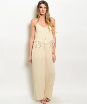 Misses Beige Jumpsuit Romper with Lace and Fringe Accents