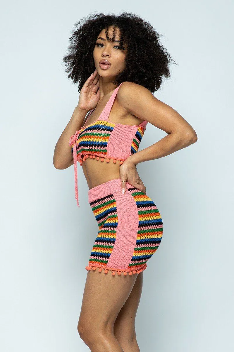 Multi Color Crochet Open Back Top/mini Pencil Skirt 2 Piece Set