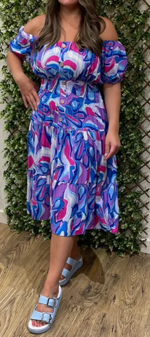 Multicoloured Galaxy Print Bardot Midi Dress (3 Colours)