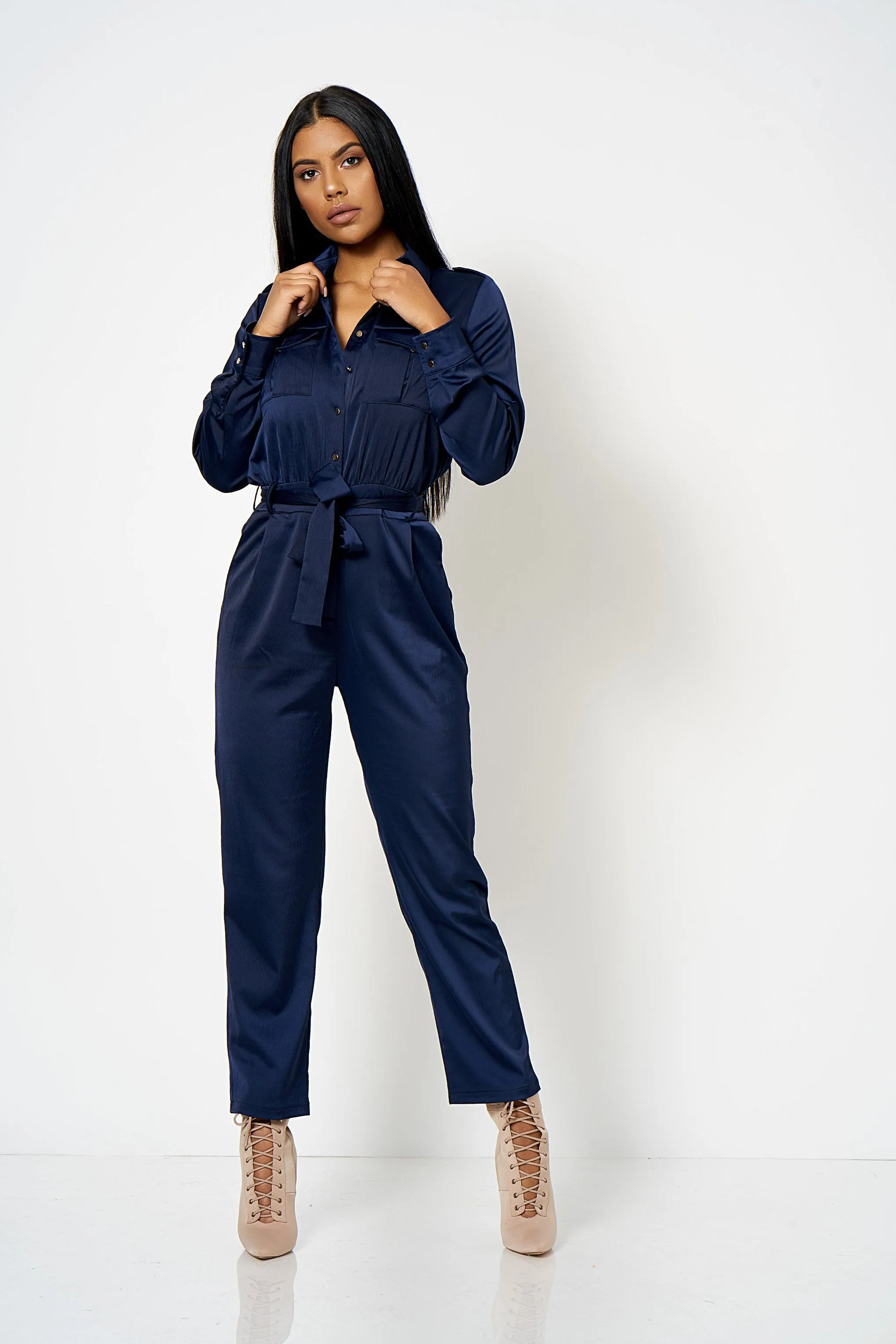 Navy Utility Satin Jumpsuit