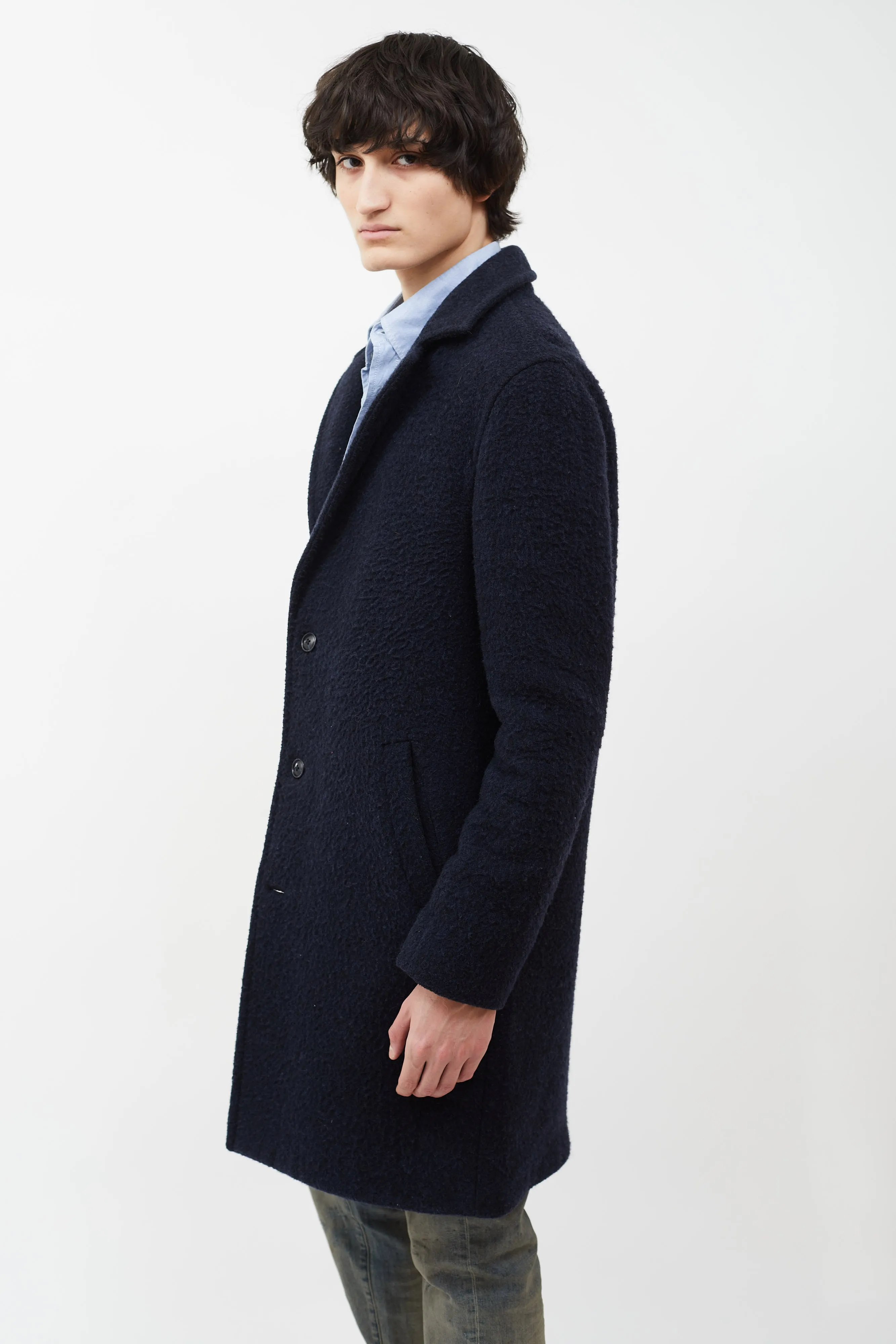 Navy Wool Blend Long  Coat