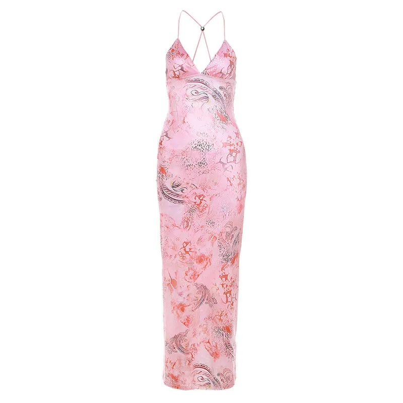 New Trendy Hanging Neck Backless Slim-fit Printed Bodycon Dress