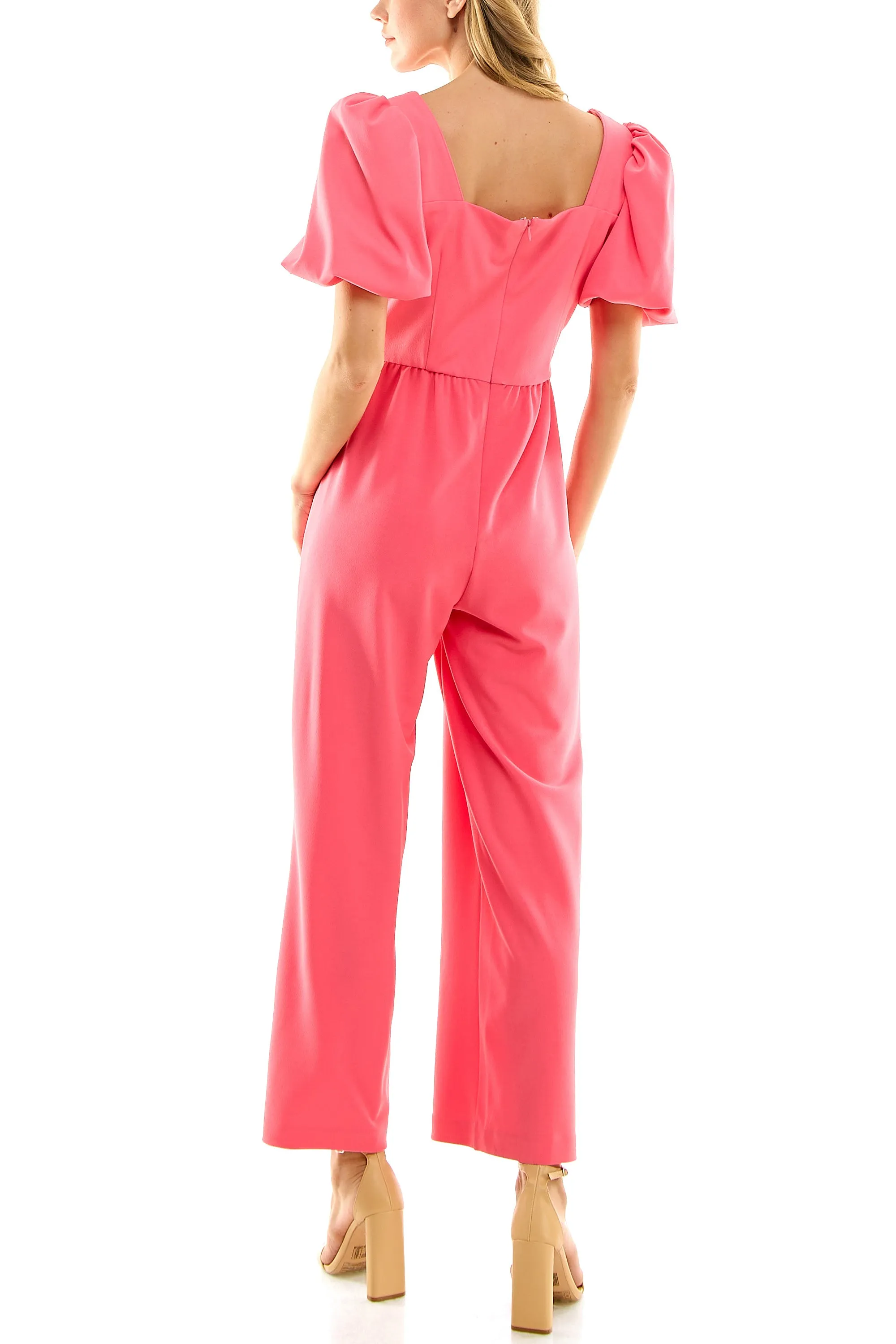 Nicole Miller Square Neck Puff Short Sleeve Ruched Zipper Back Solid Scuba Crepe Jumpsuit