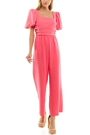 Nicole Miller Square Neck Puff Short Sleeve Ruched Zipper Back Solid Scuba Crepe Jumpsuit