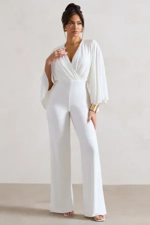 Nori | White Plunge-Neck Straight-Leg Cape Jumpsuit