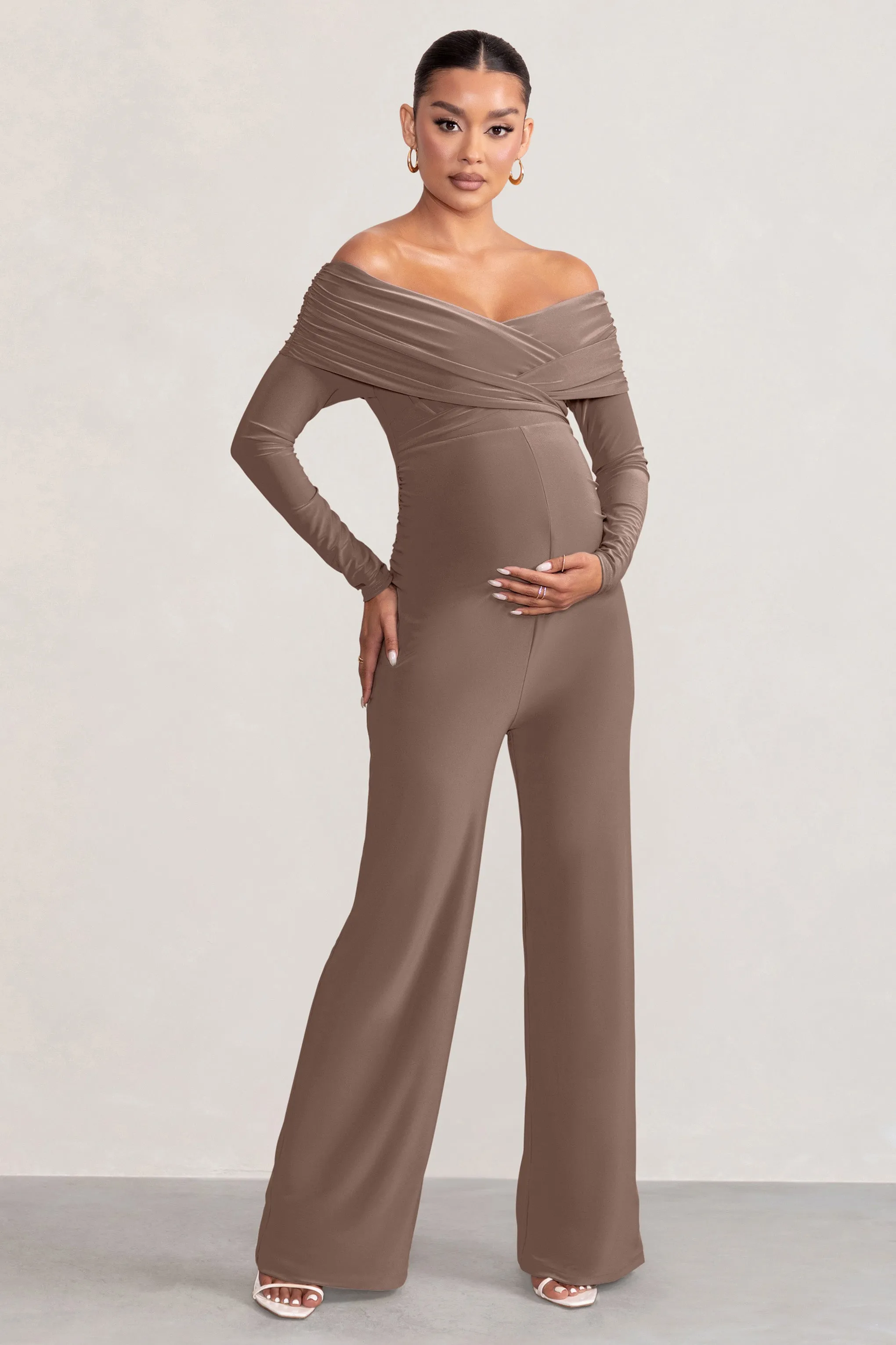 Nuala | Mocha Bardot Maternity Jumpsuit with Long Sleeves