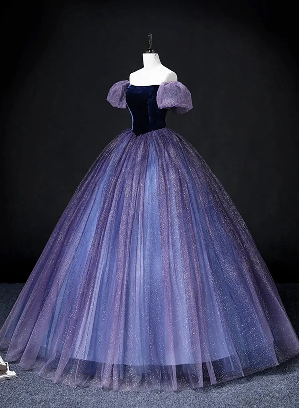 Off Shoulder Purple Tulle and Velvet Long Party Dress, Purple Prom Dress