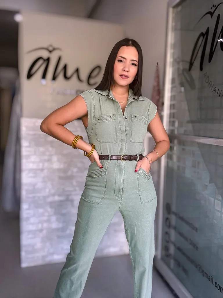 Olive Denim Jumpsuit