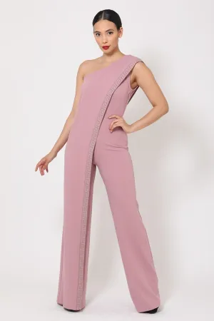 One Shoulder Greek Border Pattern Jumpsuit