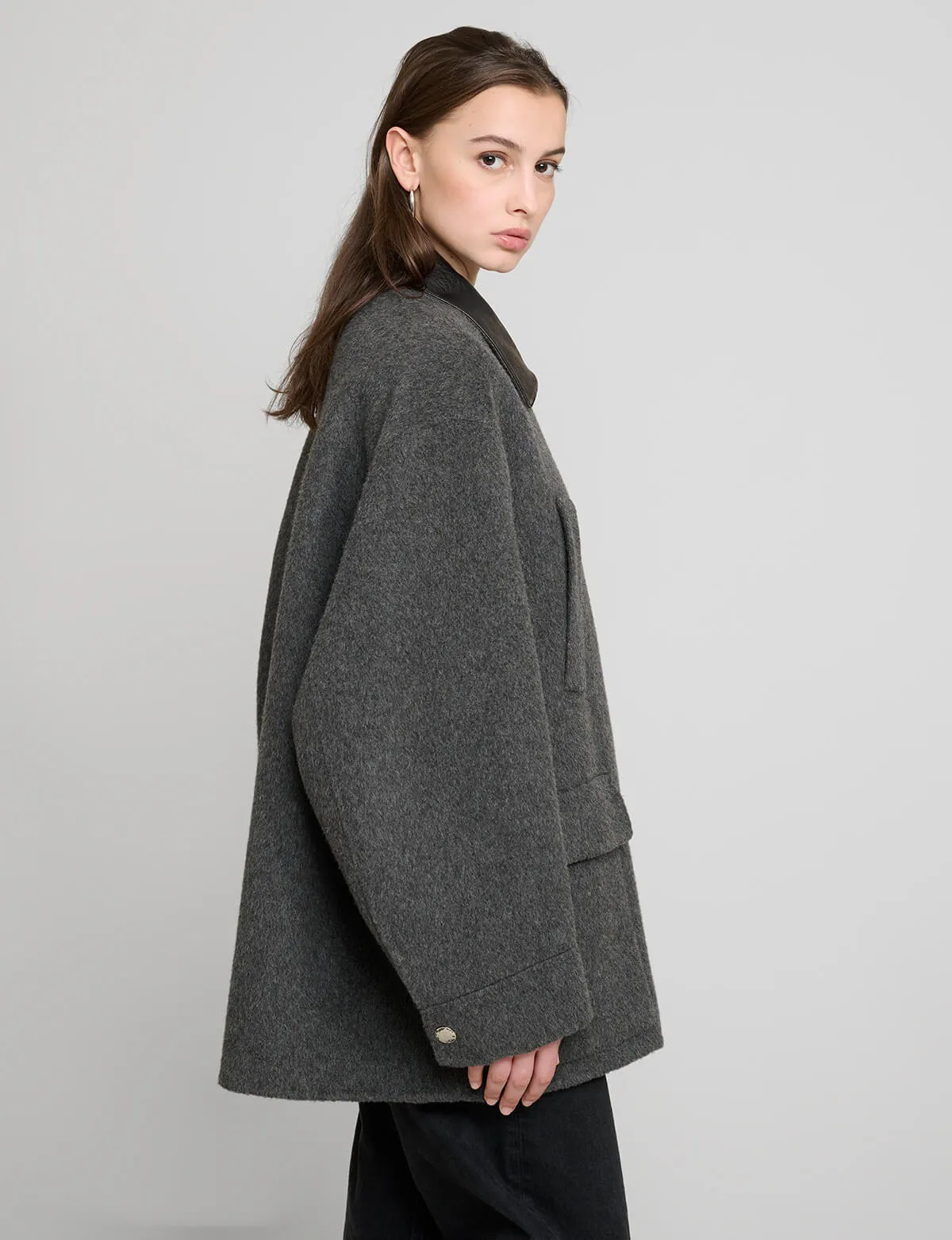 Oversized Wool Leather Collar Coat