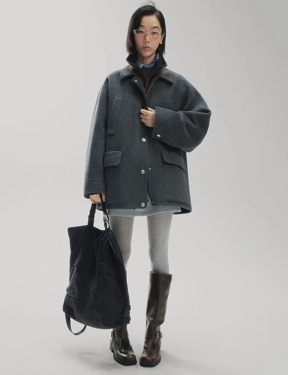 Oversized Wool Leather Collar Coat