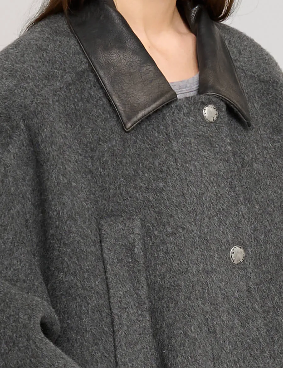 Oversized Wool Leather Collar Coat