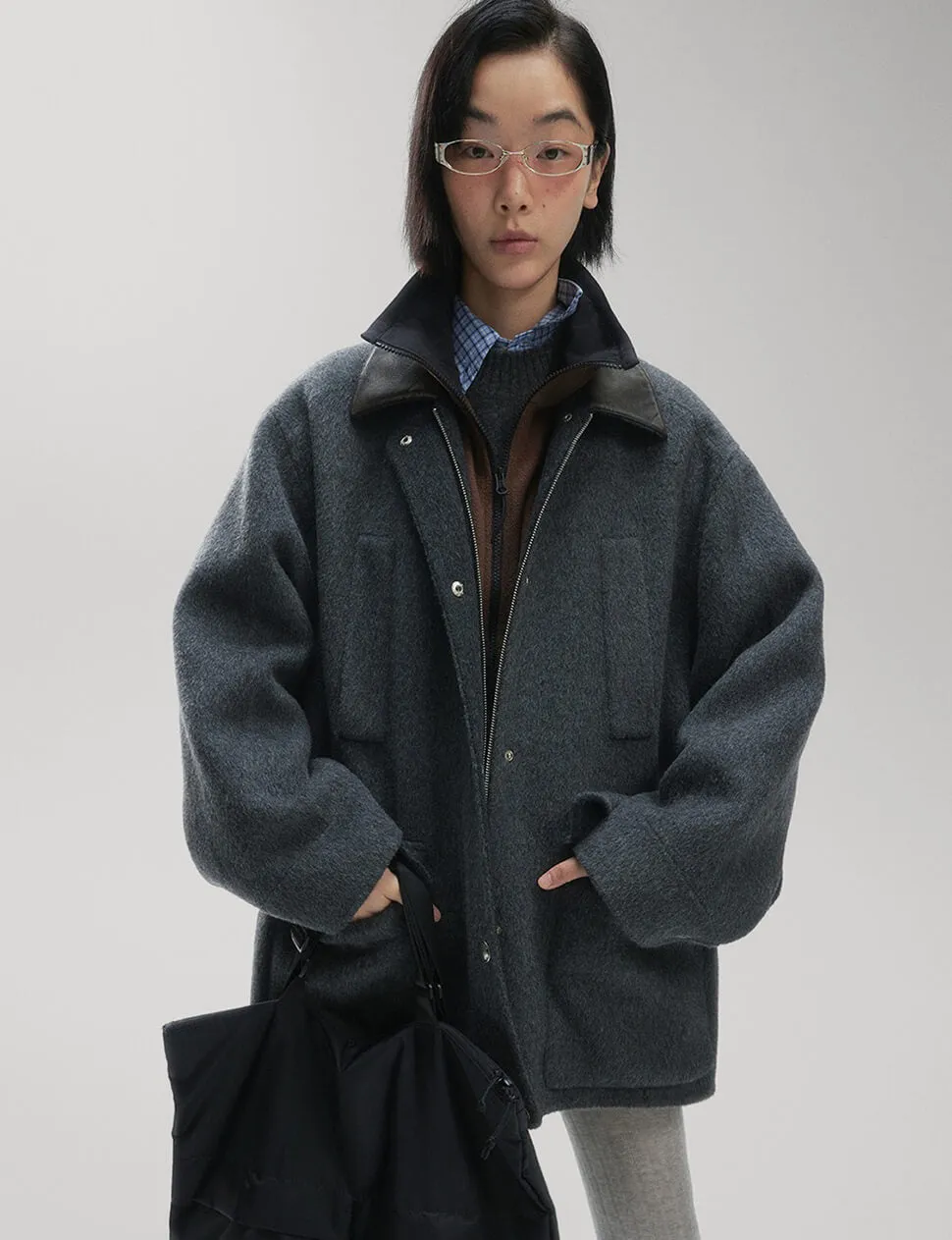 Oversized Wool Leather Collar Coat