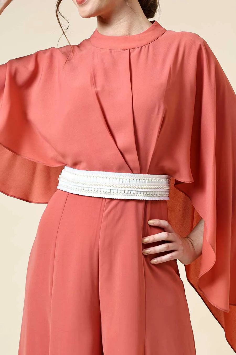 Pastel Orange Jumpsuit With Embellished Belt