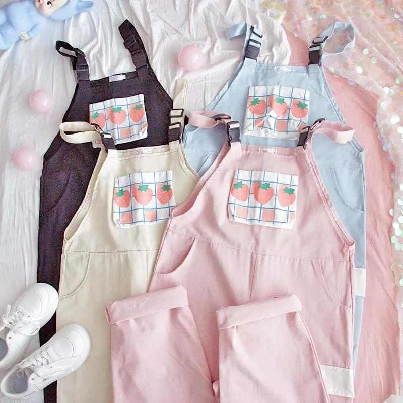 Pastel Romper With Strawberry Print And Pocket