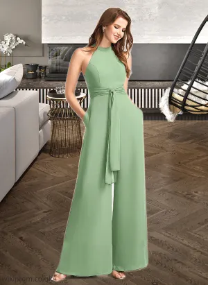 Payten Jumpsuit/Pantsuit High Neck Floor-Length Bridesmaid Dress With Bow(s) SWKP0012792