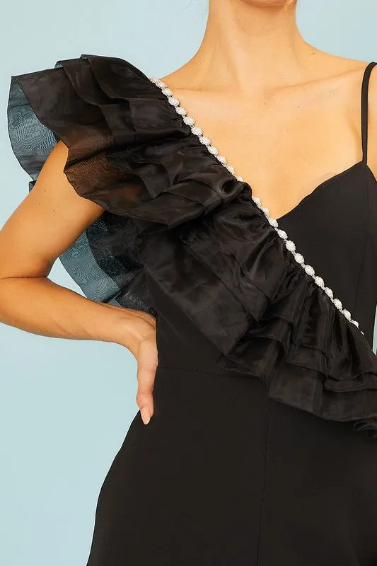 Pearl Ruffle Trim Black Jumpsuit