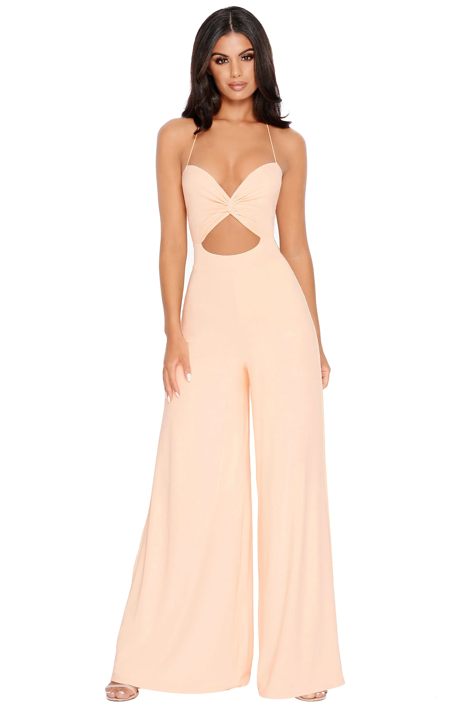 PETITE Don't Get It Twisted Cut Out Wide Leg Jumpsuit in Peach