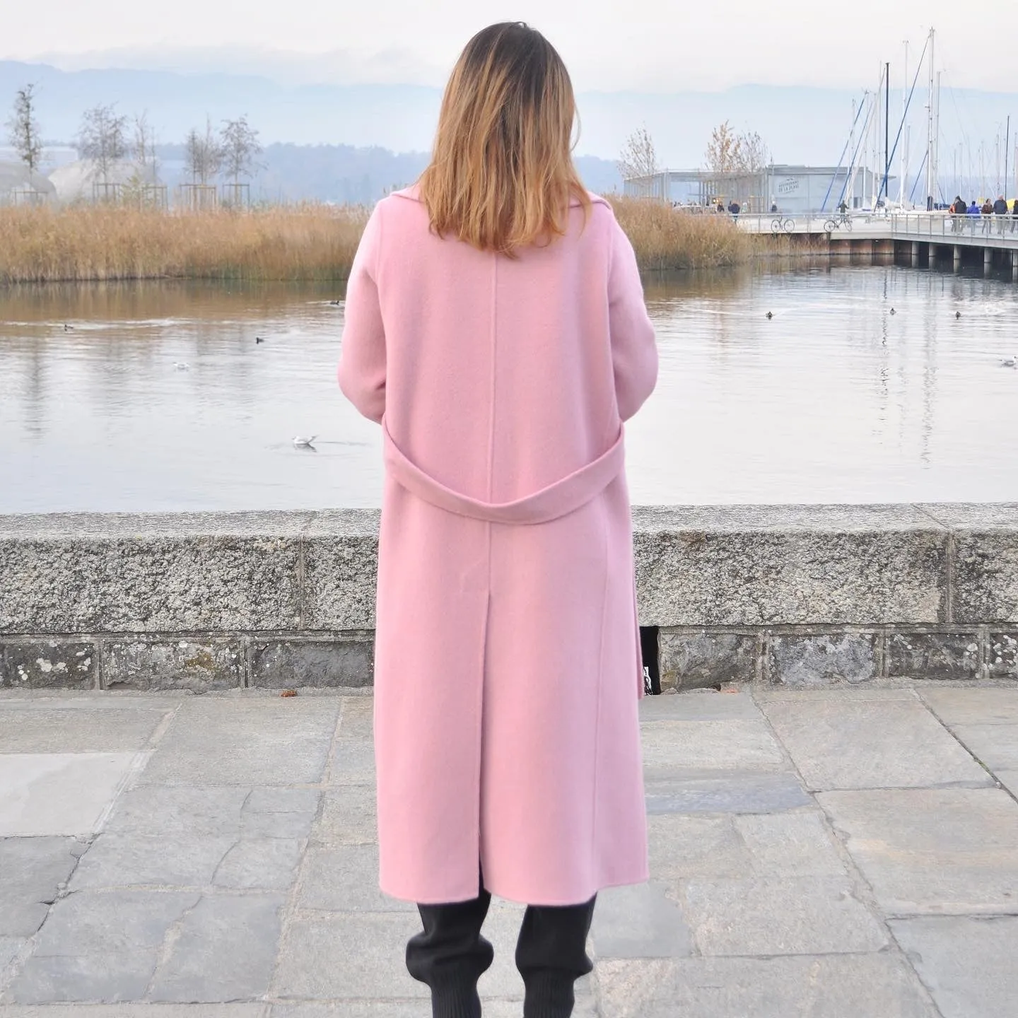 PINK OPEN COLLARD WOOL COAT