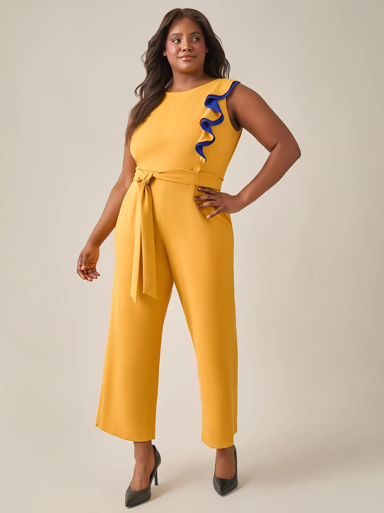 Plus Size Ruffle Shoulder Jumpsuit, Gold Signature