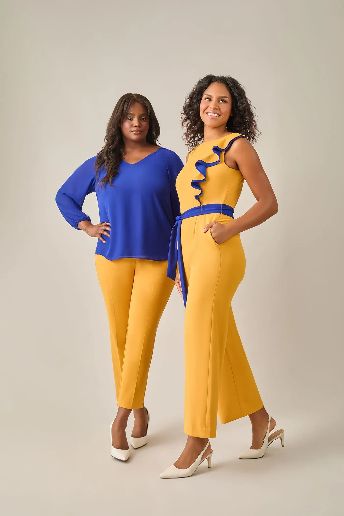 Plus Size Ruffle Shoulder Jumpsuit, Gold Signature