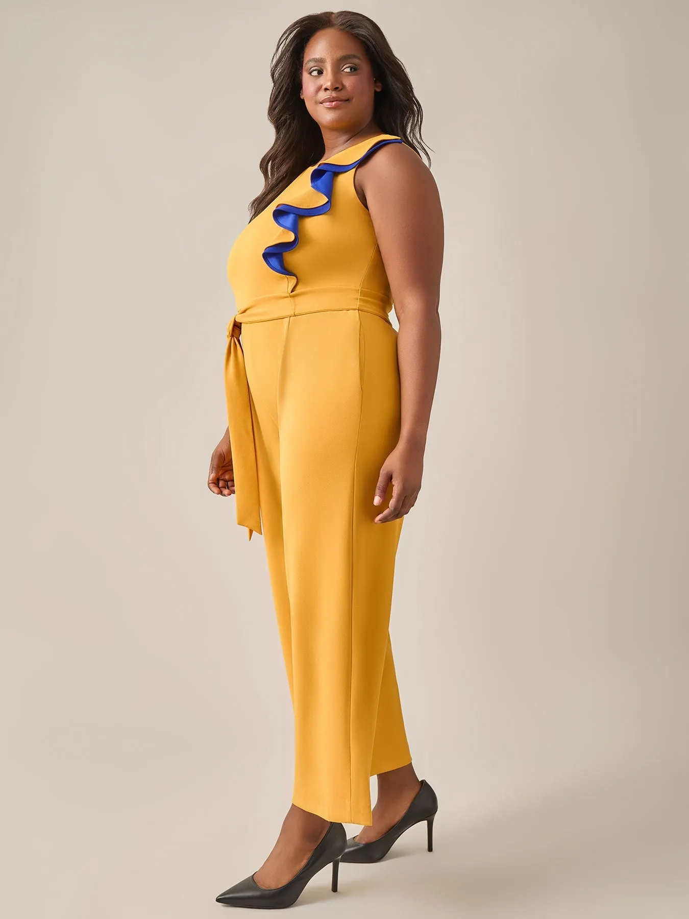 Plus Size Ruffle Shoulder Jumpsuit, Gold Signature