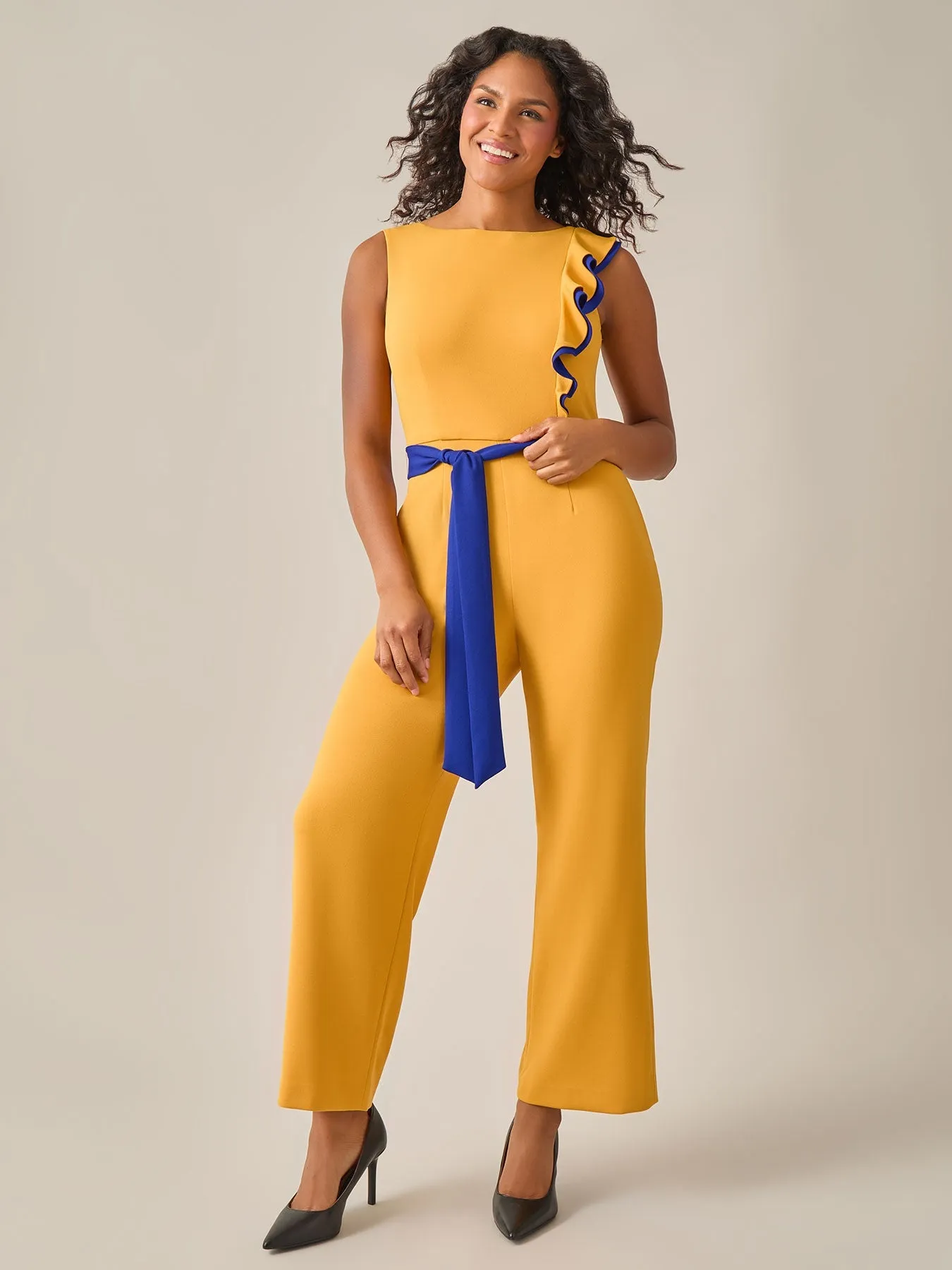 Plus Size Ruffle Shoulder Jumpsuit, Gold Signature