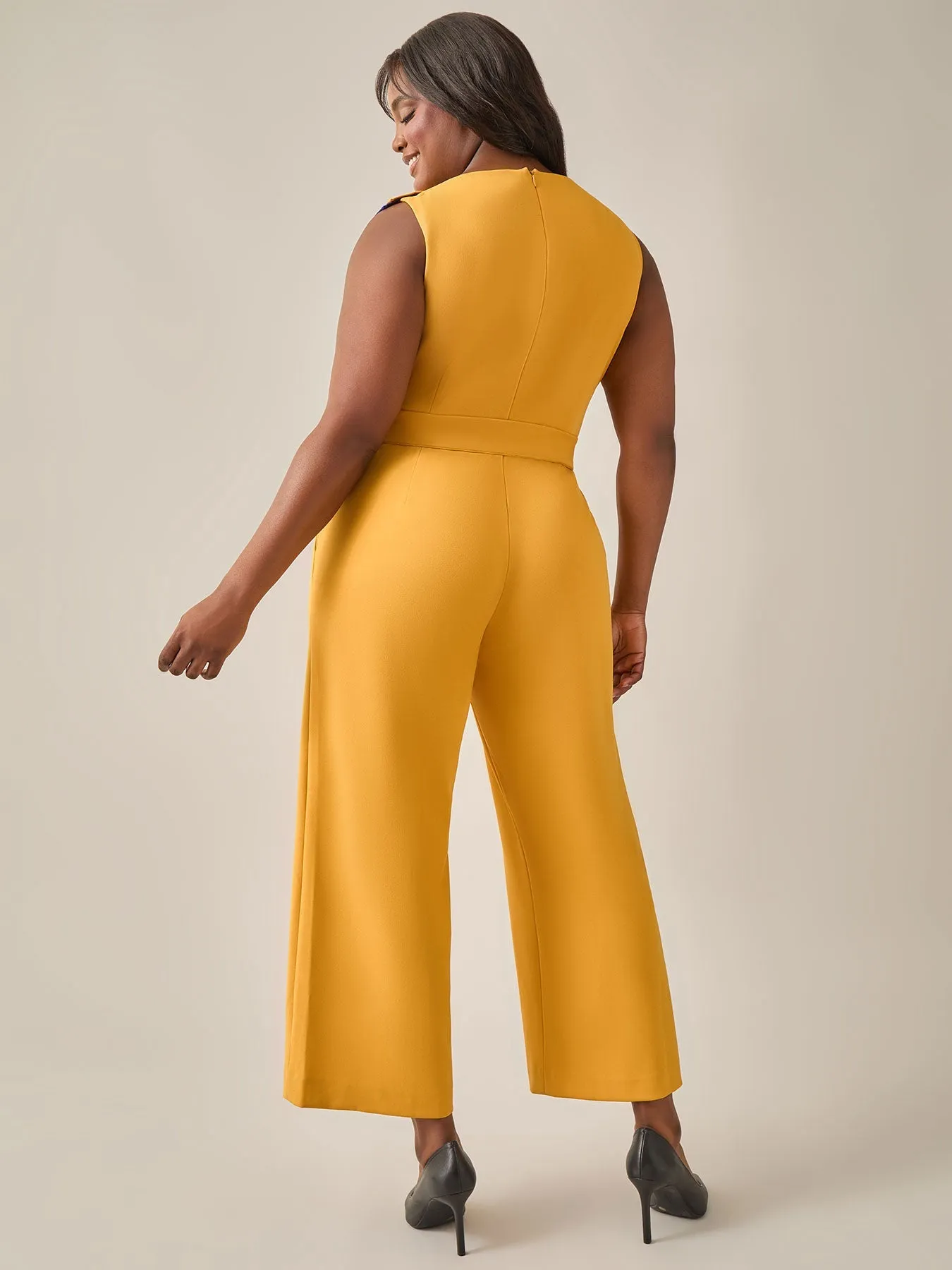 Plus Size Ruffle Shoulder Jumpsuit, Gold Signature