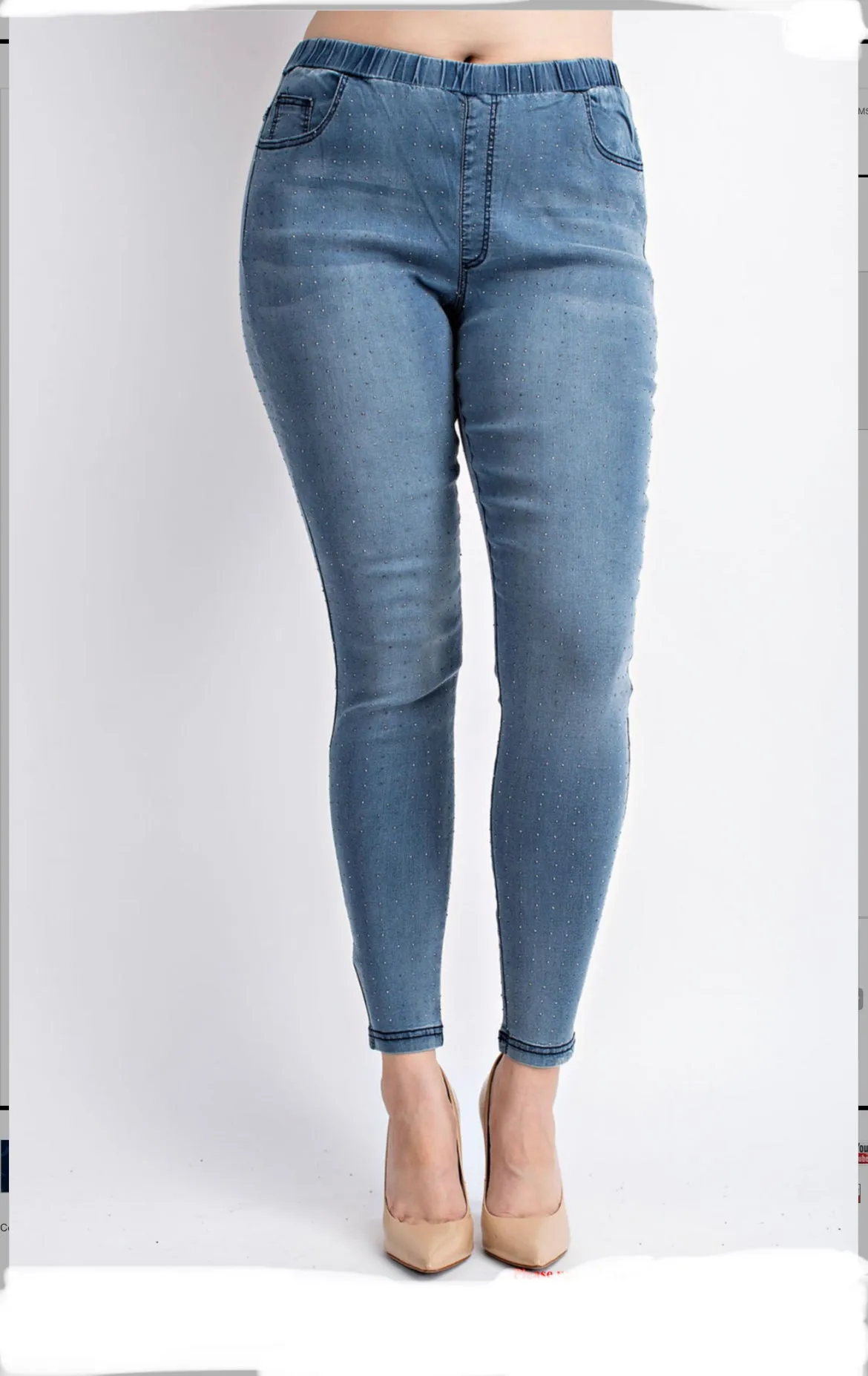 Plus Washed Denim Leggings with All Over Stones