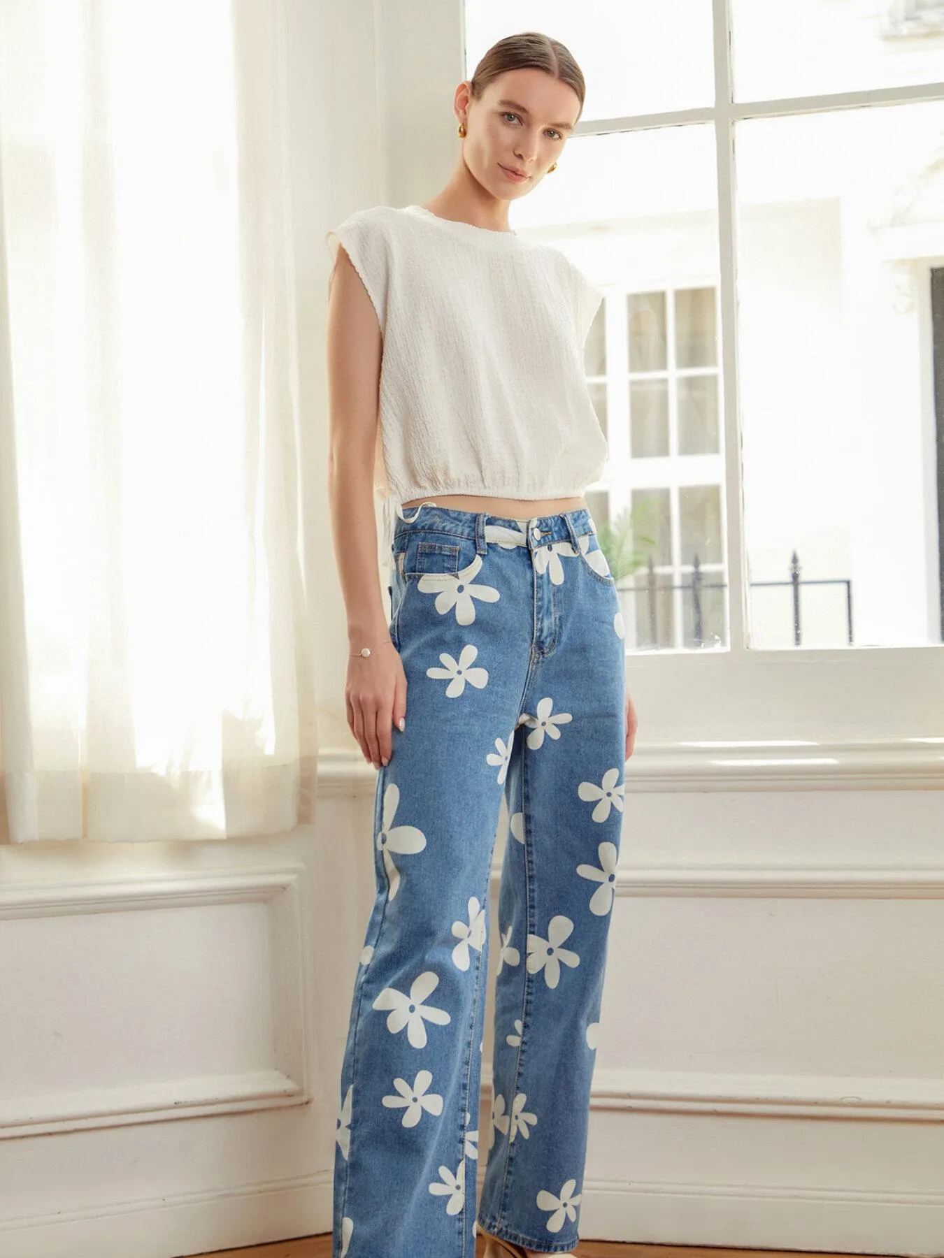 Pocket High Waist Wide Leg Jeans