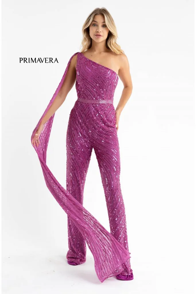 Primavera Couture 3776 Size 00 Fuchsia Swirled Sequin Jumpsuit One Shoulder Floor Length Cape