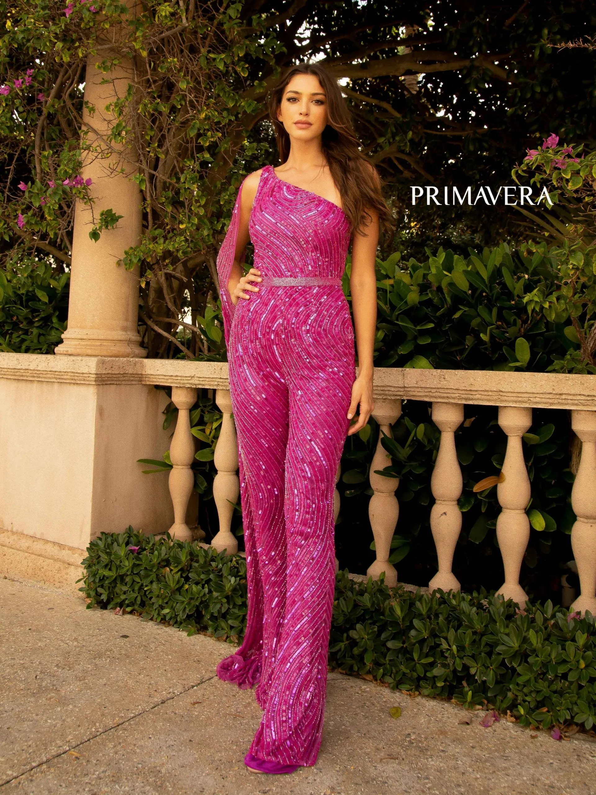 Primavera Couture 3776 Size 00 Fuchsia Swirled Sequin Jumpsuit One Shoulder Floor Length Cape