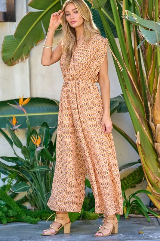 Printed V-Neck Sleeveless Jumpsuit