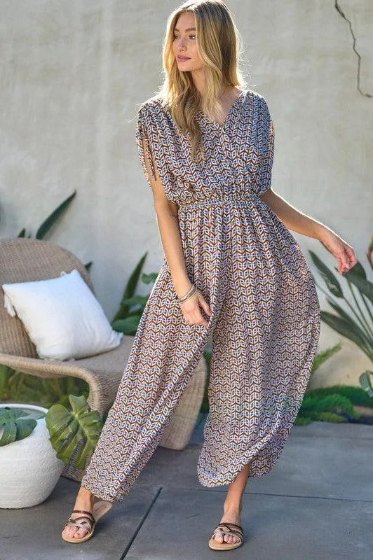 Printed V Neck Sleeveless Jumpsuit