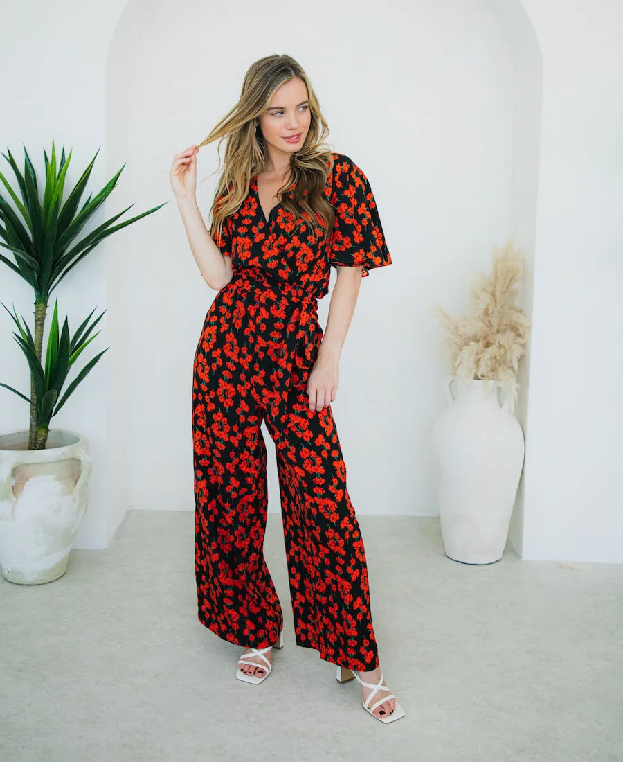 Red Floral Flutter Sleeve Jumpsuit