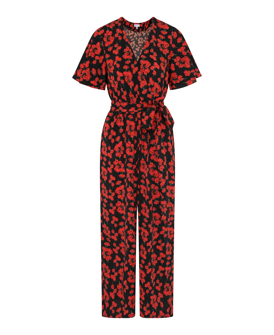 Red Floral Flutter Sleeve Jumpsuit