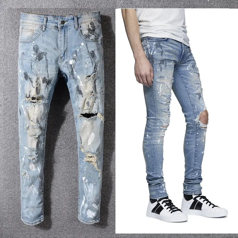 Ripped Pale Blue Painter Style Men Slim Jeans