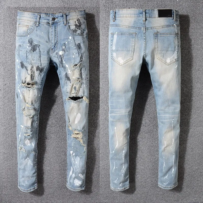 Ripped Pale Blue Painter Style Men Slim Jeans