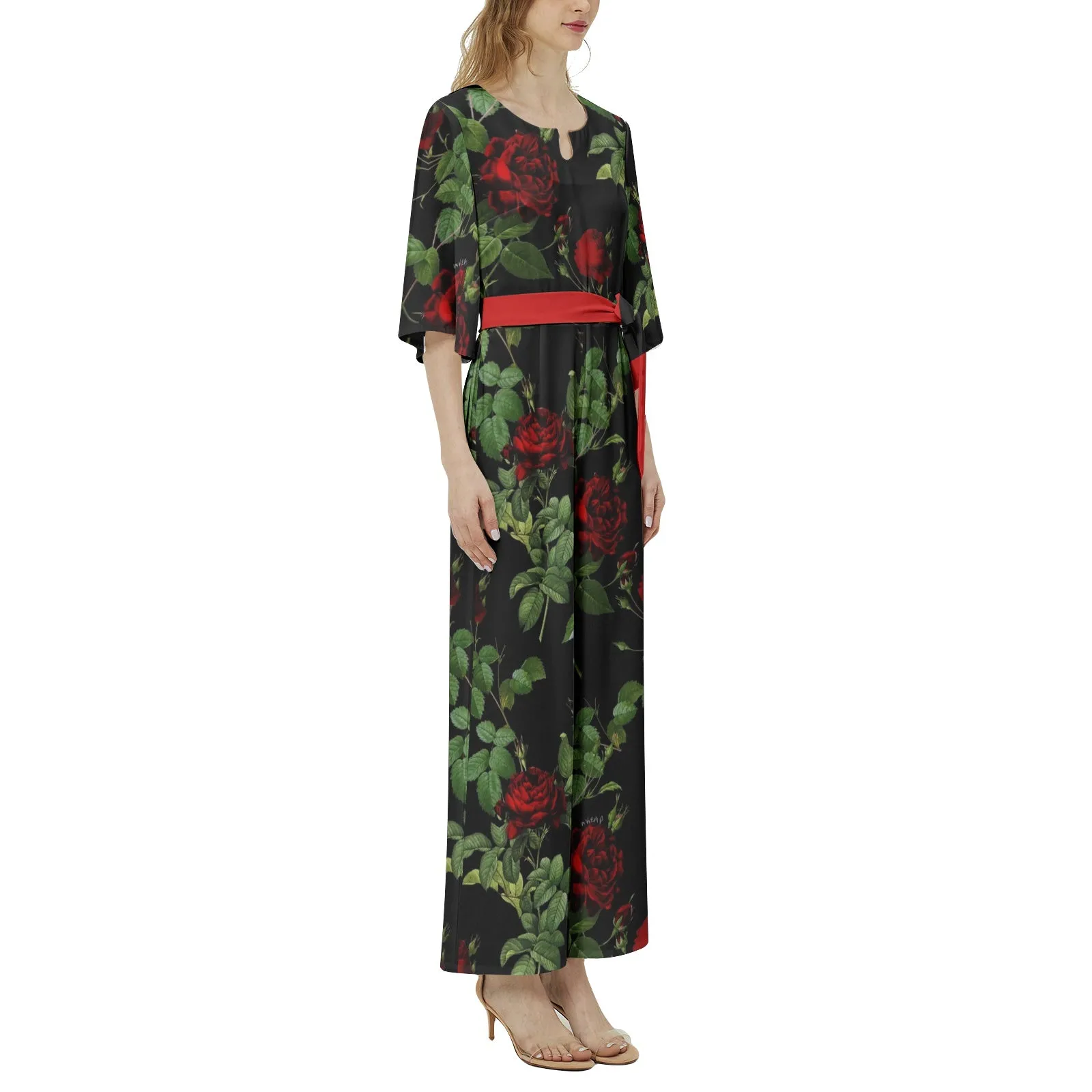 Rose Print Dolman Sleeve Belted Wide Leg Jumpsuit