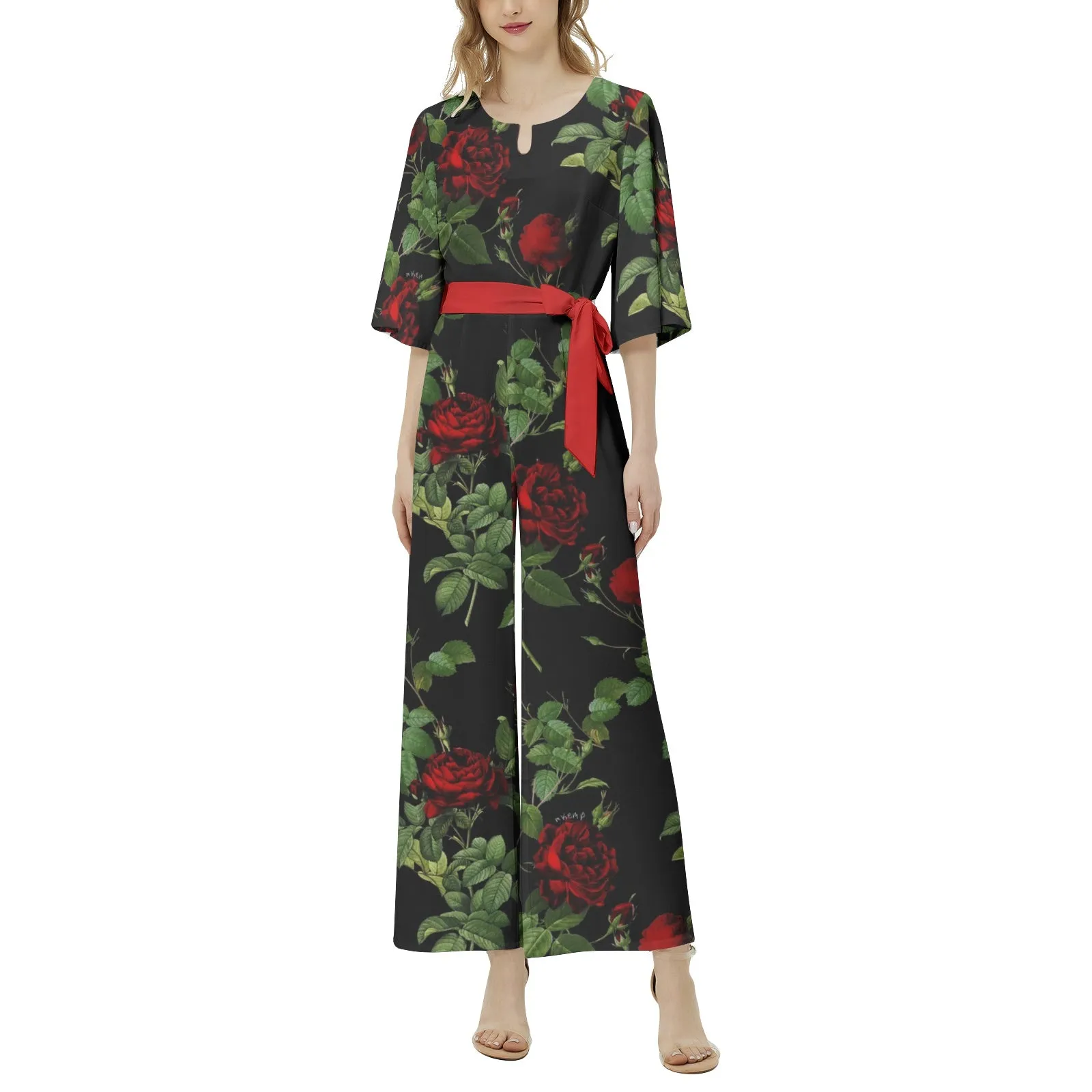 Rose Print Dolman Sleeve Belted Wide Leg Jumpsuit