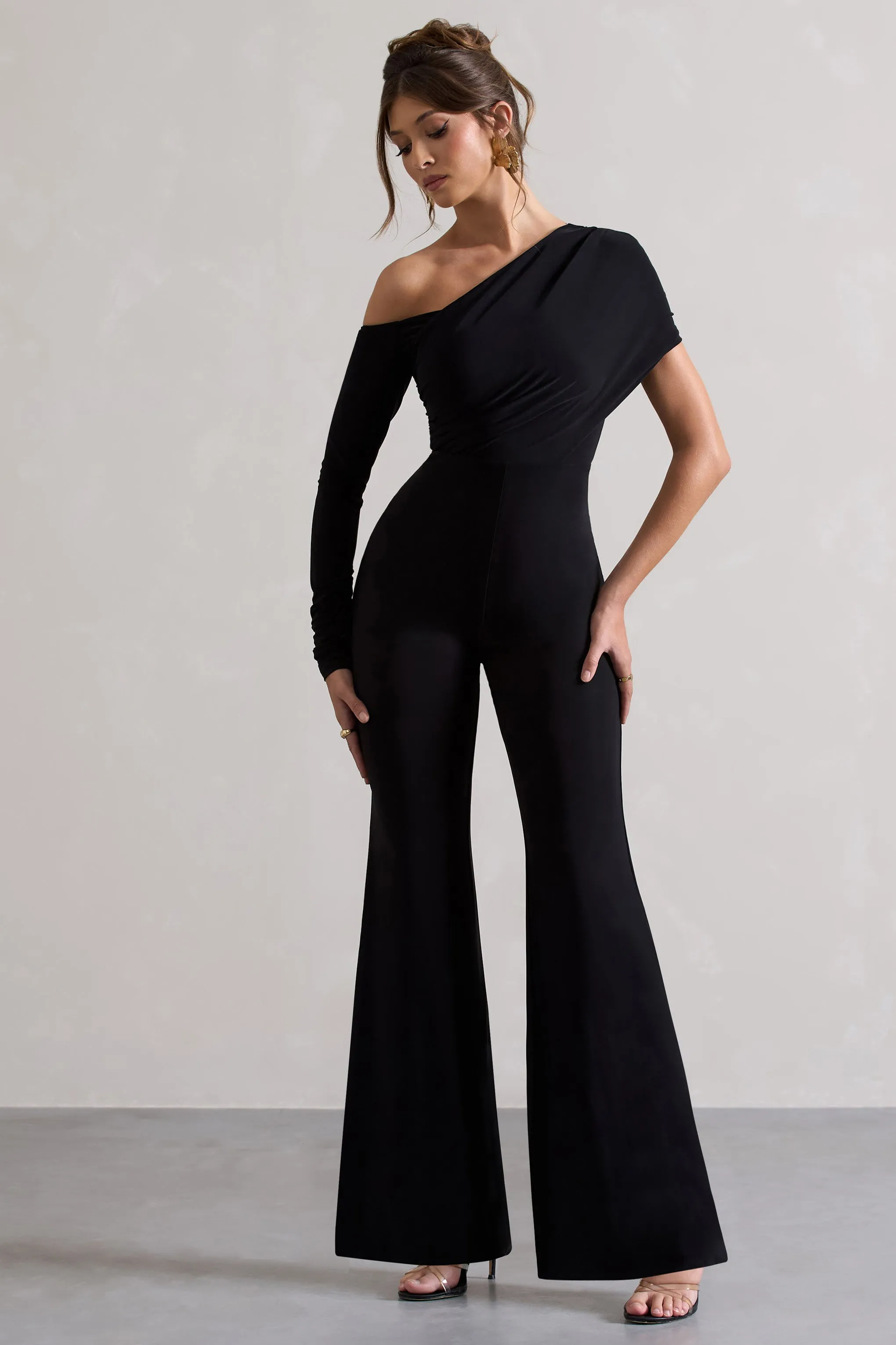 Rotate | Black Ruched Asymmetric Cut-Out Flared-Leg Jumpsuit