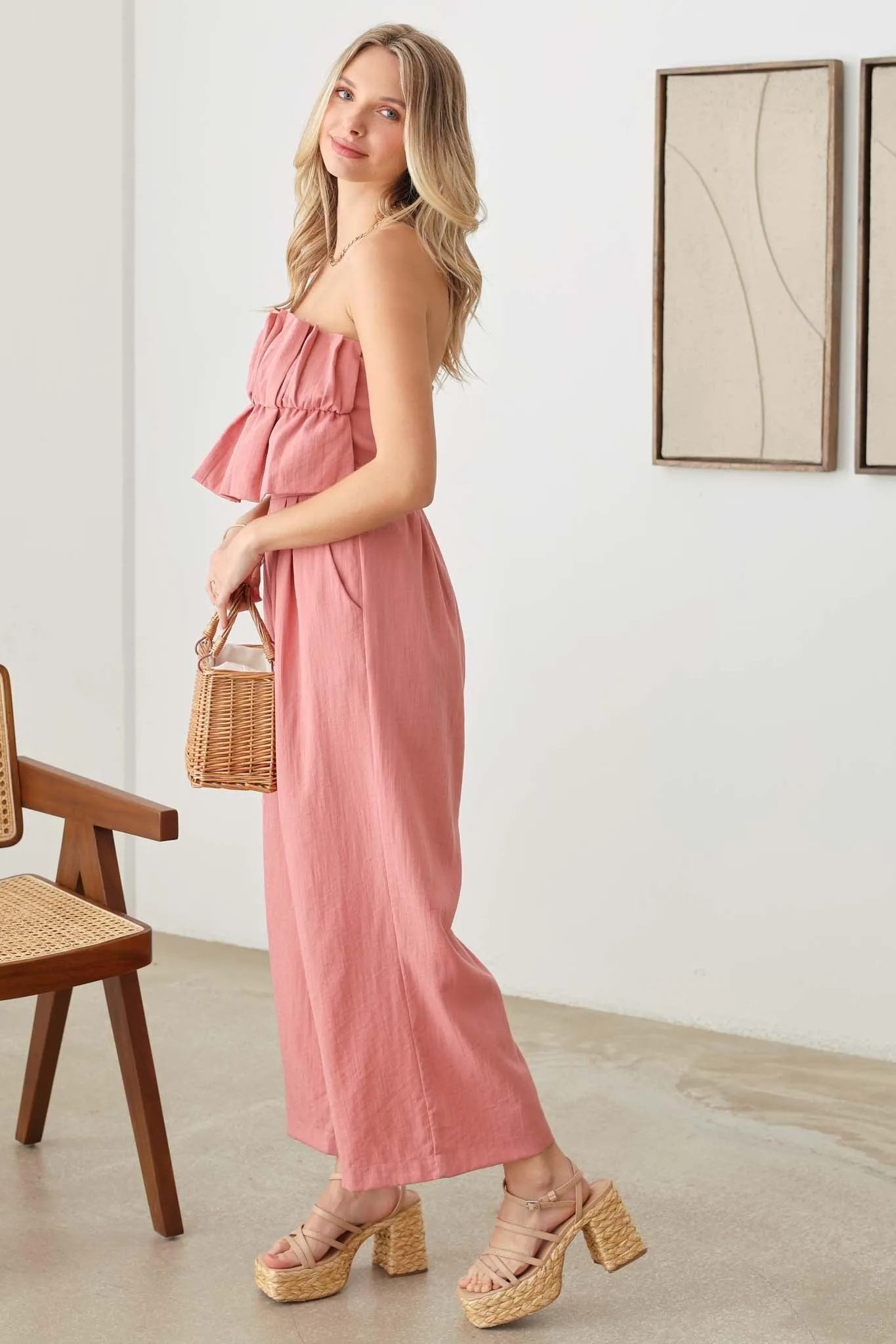 Ruffle Strapless Wide Leg Smocked Back Jumpsuit