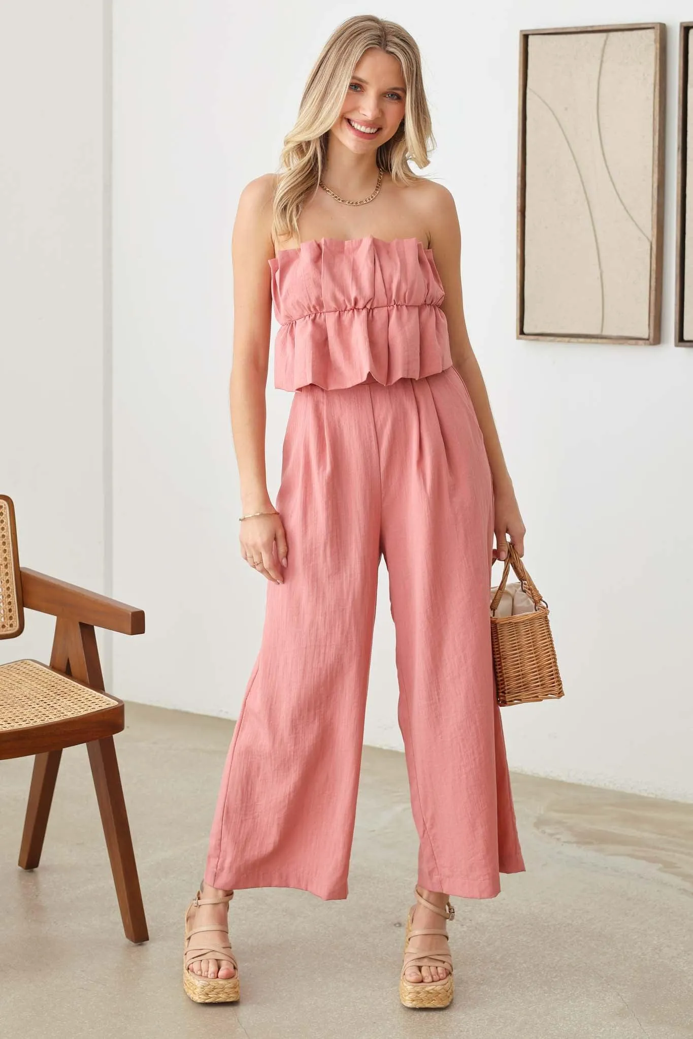 Ruffle Strapless Wide Leg Smocked Back Jumpsuit