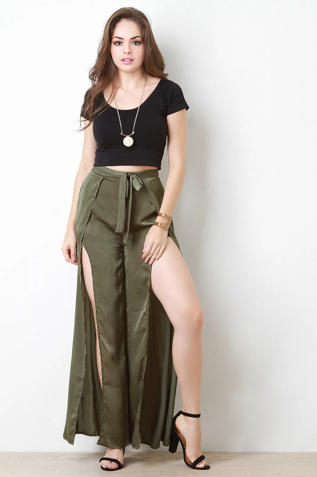 Satin Slit Wide Leg Pants