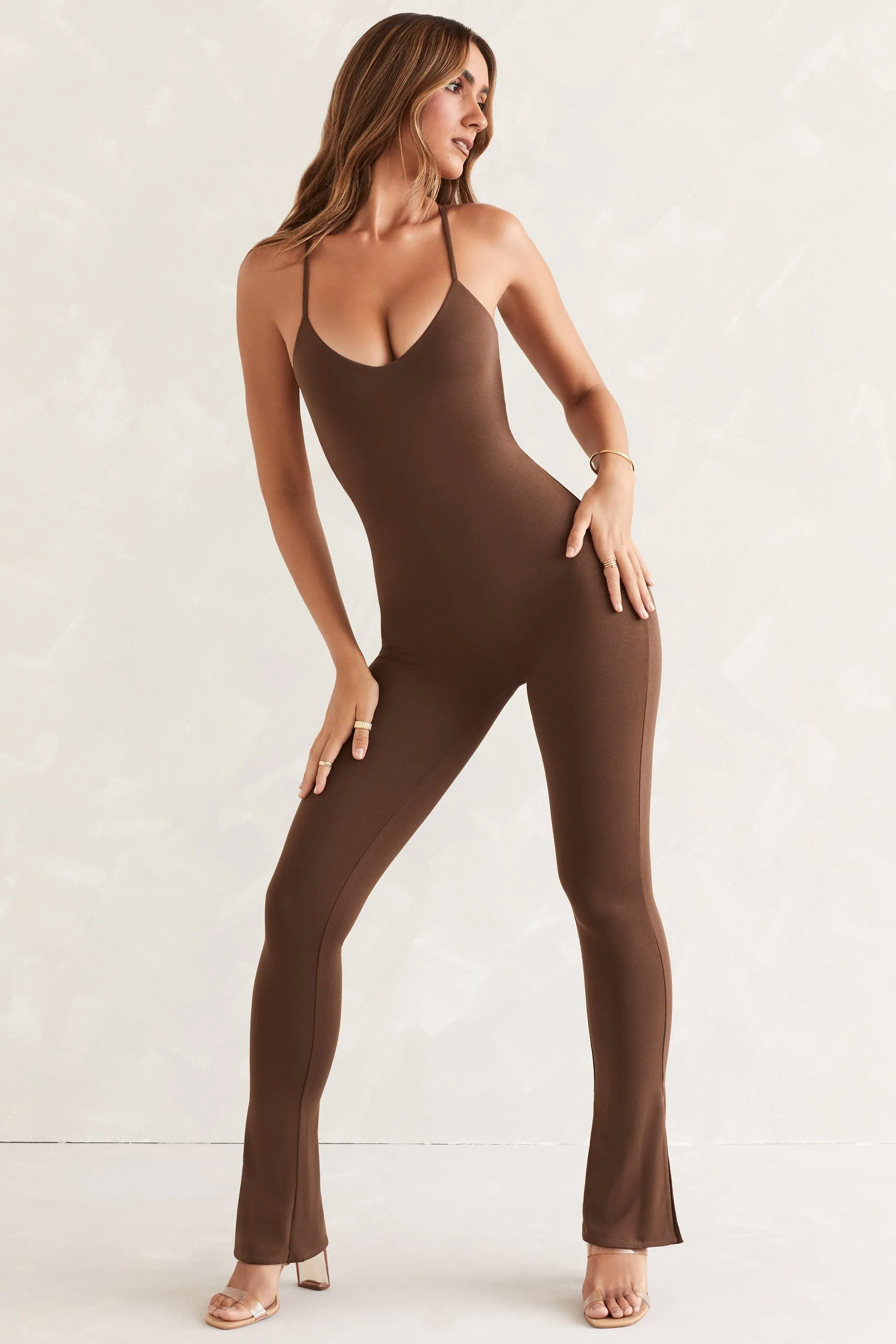 Scoop Neck Backless Jumpsuit in Brown