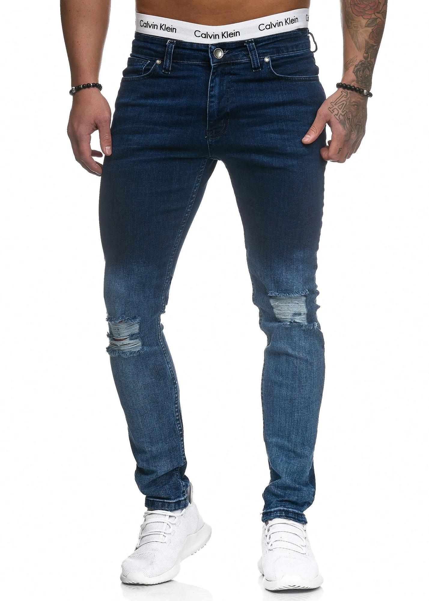 Scrapped Knees Fading Skinny Ripped Distressed Jeans - Blue X0019