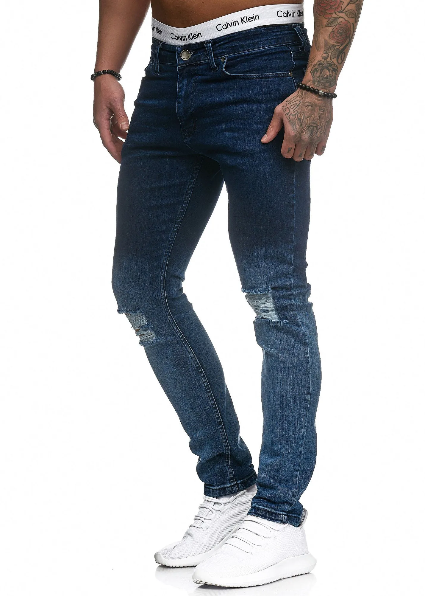 Scrapped Knees Fading Skinny Ripped Distressed Jeans - Blue X0019